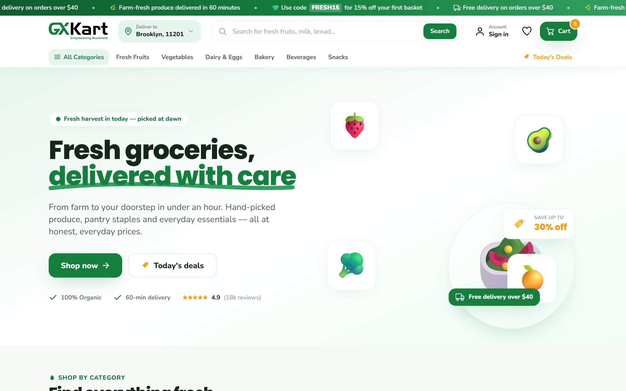 A GXKart grocery storefront on desktop