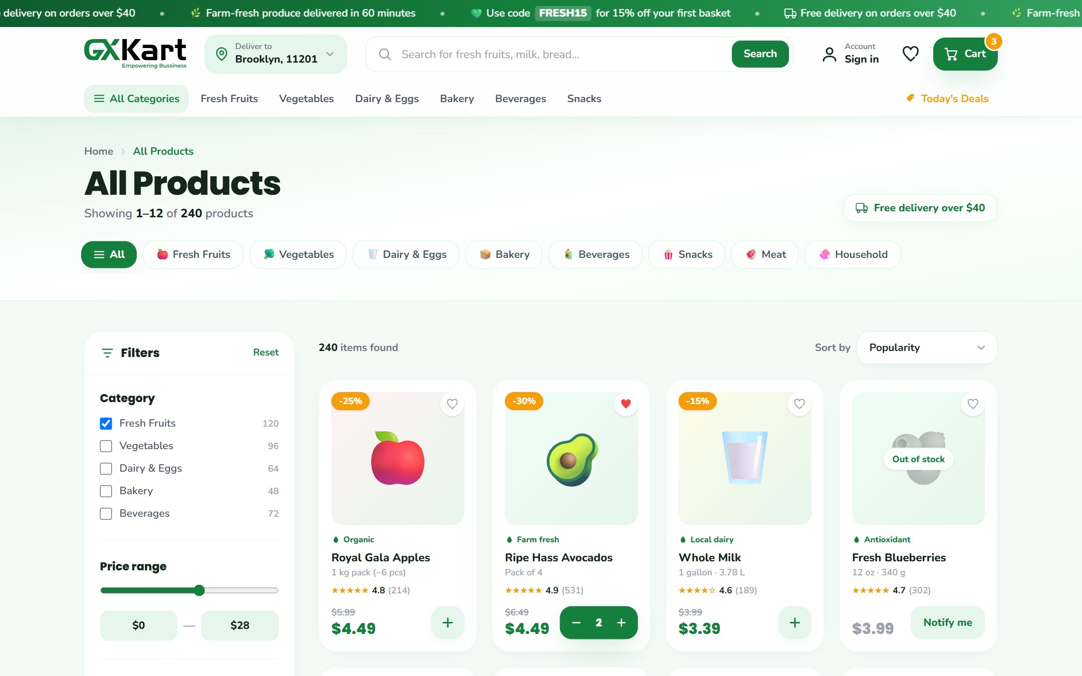 GXKart storefront product listing