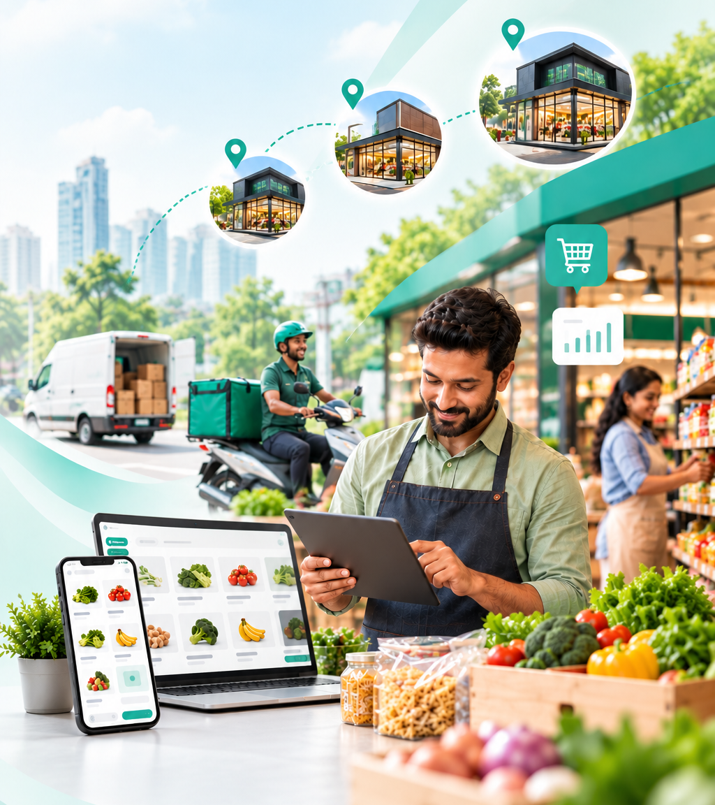 Grocery store owner managing online orders on a tablet while a delivery rider heads out